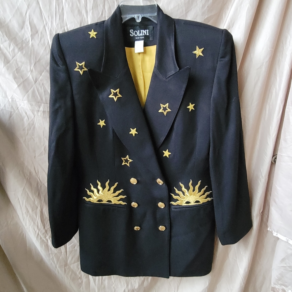 Vintage Solini Blazer Black Jacket Gold Embroidered Sun Stars Shoulder Pads 90s